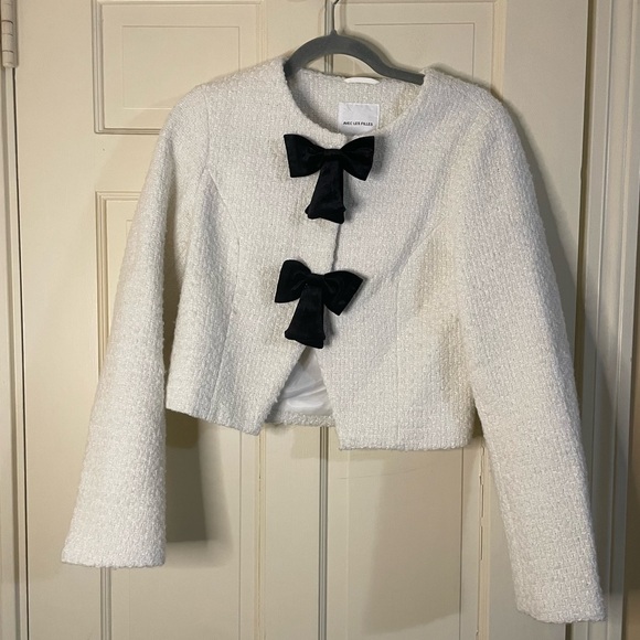 Avec Les Filles Women's Small Cropped Bow Front Lady Jacket Tweed Ivory Wool - Picture 10 of 10